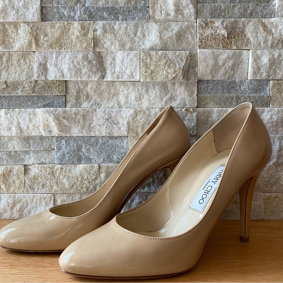 Nude Patent Leather Tapered Round Toe Vikki Pumps - Picture 3 of 13